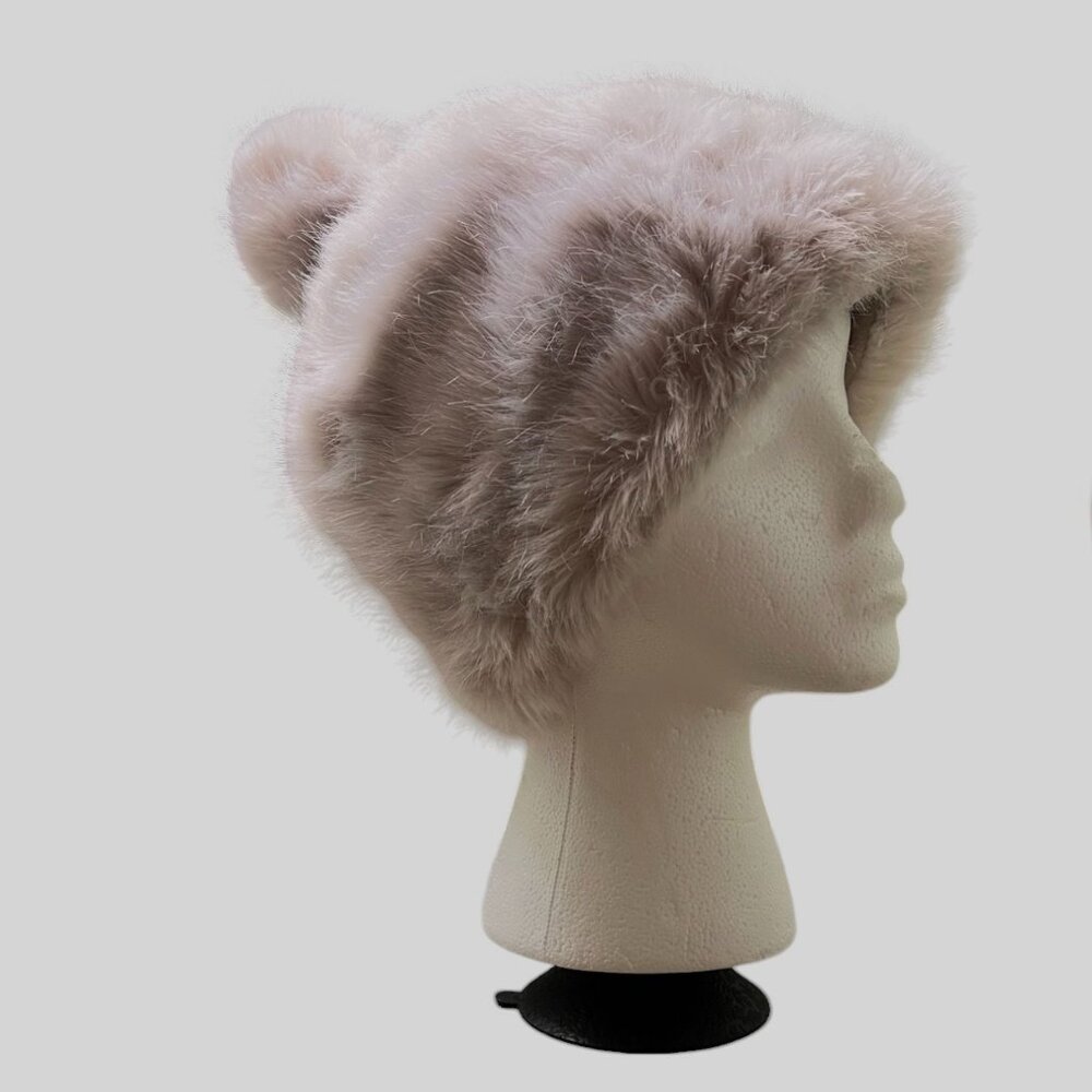 Winter Warm Faux Fur Pom Pom Lined Beanie in Neutral Mink Color